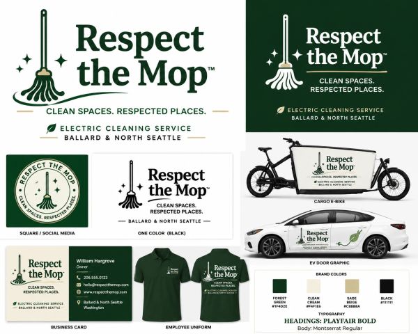 Brand visuals and materials for cleaning service Respect the Mop.