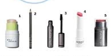 Five different makeup products, including sticks, pencil, and mascara.