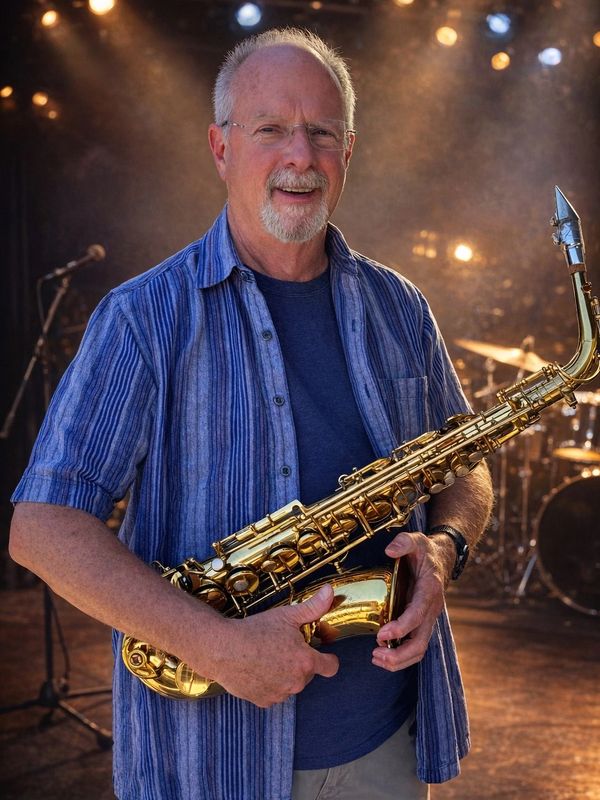 An older man holds a saxophone on a stage with warm lighting.