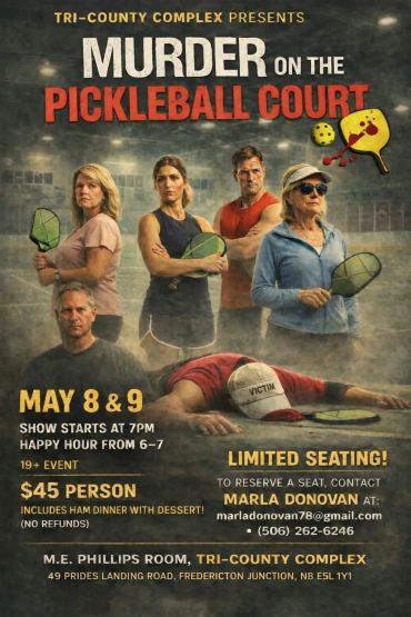 Poster for a murder mystery event on a pickleball court.