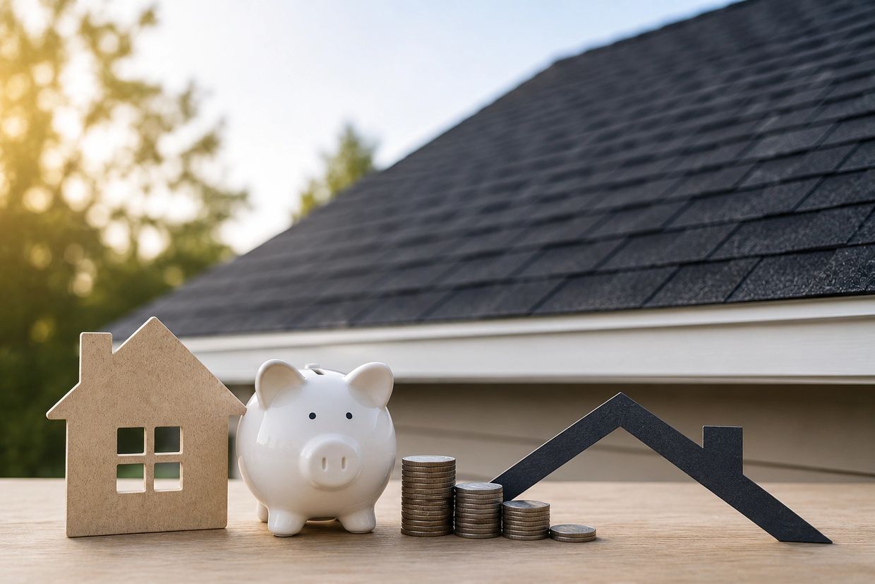 Piggy bank with house cutouts and coins on table.
