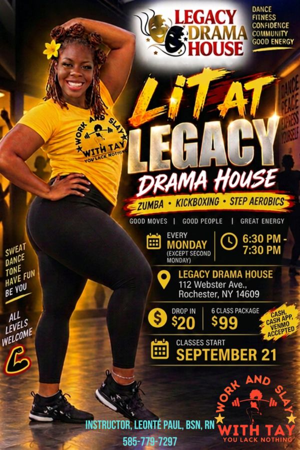Woman in yellow fitness attire promoting Legacy Drama House dance classes.