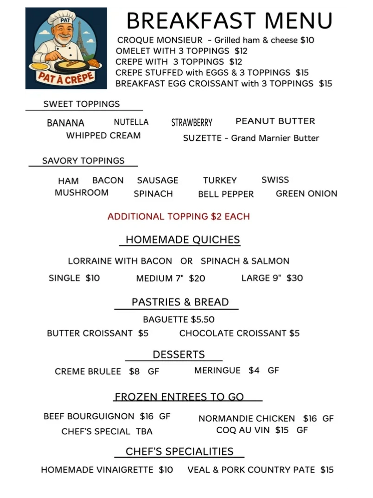 Breakfast menu featuring crepes, omelets, quiches, pastries, and desserts with various toppings.