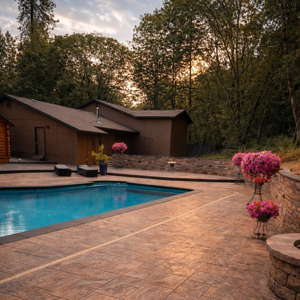 Residential concrete pool deck installation by Brown Bear Masonry. Stamped concrete with accent rib