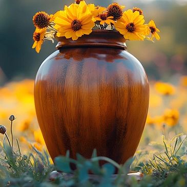 A wooden vase with bright yellow flowers in a sunlit field.