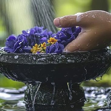 Hand watering vibrant purple and yellow flowers in a stone basin.
