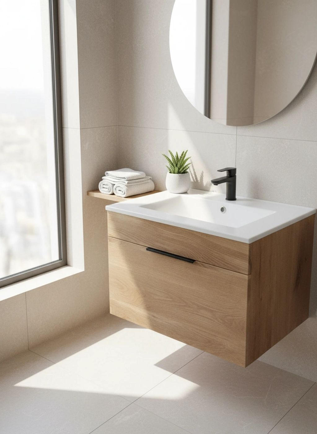 Modern bathroom sink with wooden cabinet and round mirror.