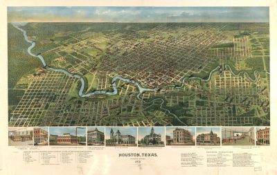 Aerial illustrated map of Houston, Texas from 1873.