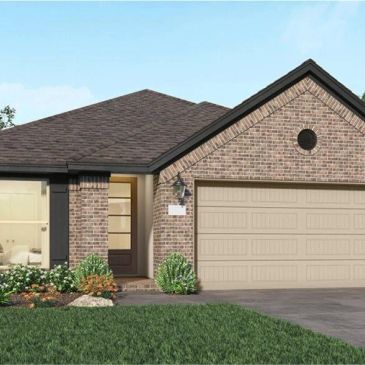 Brick house with a two-car garage and front garden.