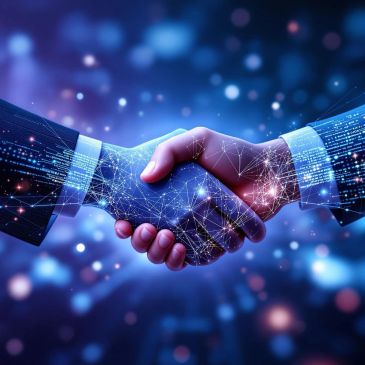 Digital handshake representing technology collaboration.