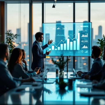 Business presentation with digital charts in a modern office.