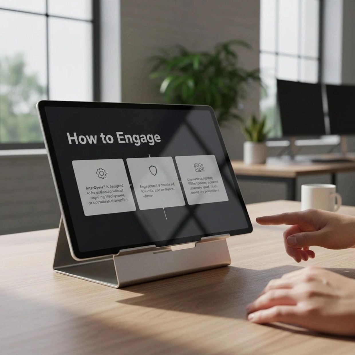 Tablet displaying a presentation titled 'How to Engage' on a desk with a hand pointing.