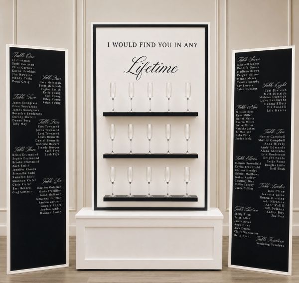 Wedding seating chart with champagne glass display.