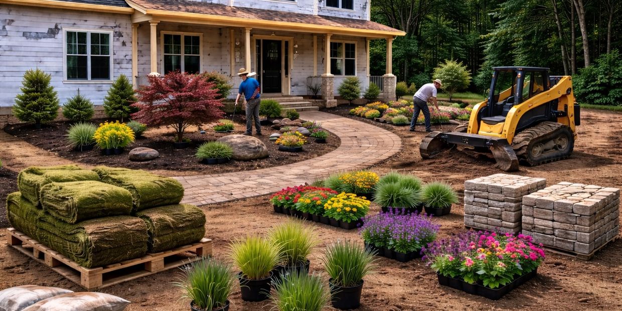 Landscapers preparing a garden with plants and sod near a house.