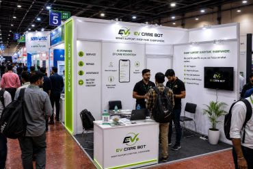 Trade show booth for EV Care Bot showcasing AI-powered EV support services.