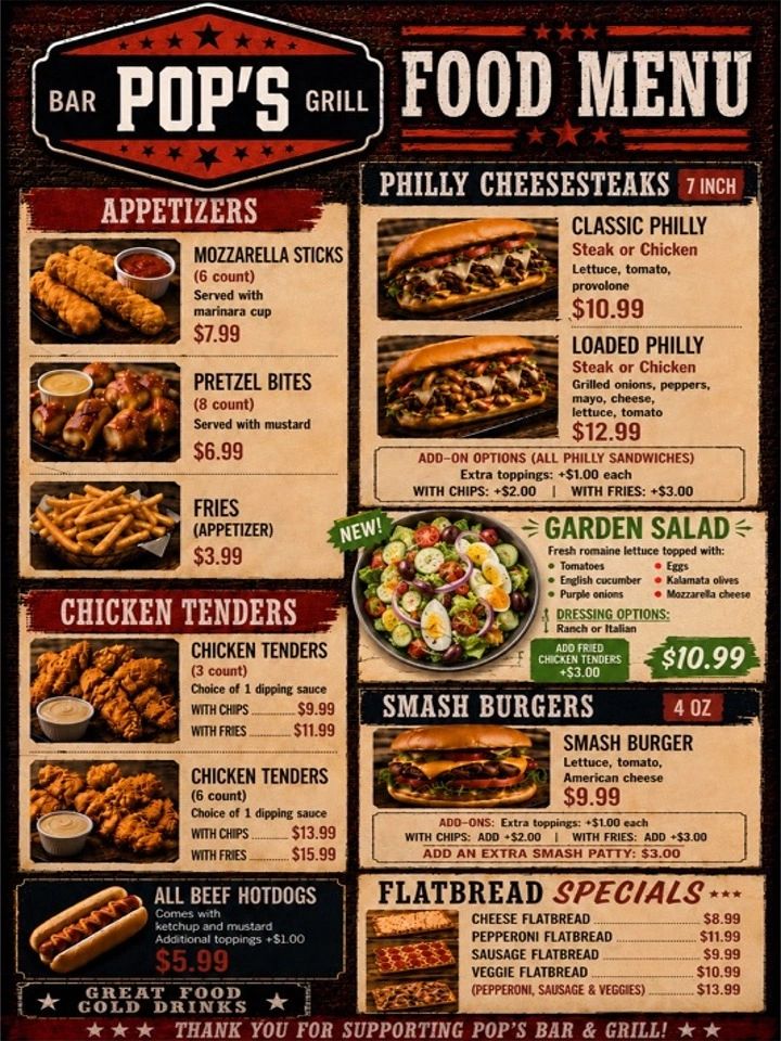 Pop's Bar & Grill food menu with appetizers, cheesesteaks, tenders, burgers, and flatbreads.