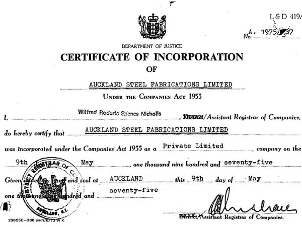 Auckland Steel Fabrications Limited Original Certificate of Incorporation 9 May 1975