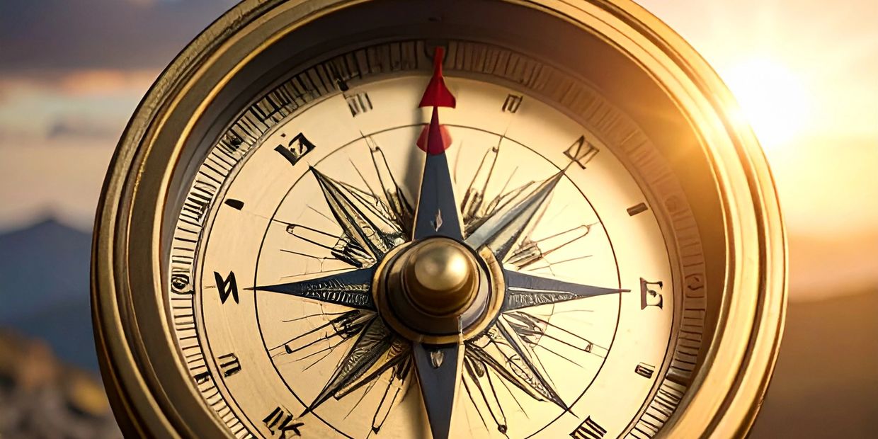 Close-up of a vintage compass with a sunset background, vision, golden compass, direction, business