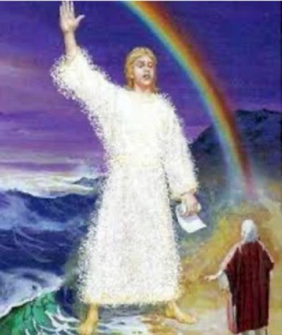 Jesus walking on water with a rainbow behind him.