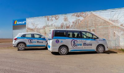 Two Care More support service vehicles parked near a mural and Amcal pharmacy.
