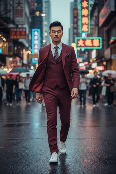 A man confidently walking in a maroon suit on a city street at night.