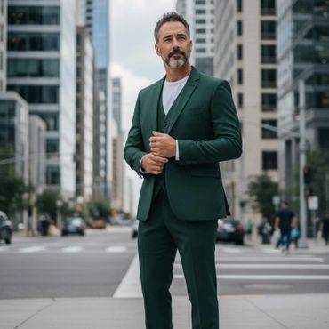 A man in a green suit and white sneakers stands confidently on a city street.