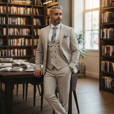 A stylish man in a beige suit stands in a cozy library.