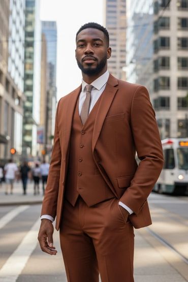 Man in a stylish brown suit standing confidently on a city street.