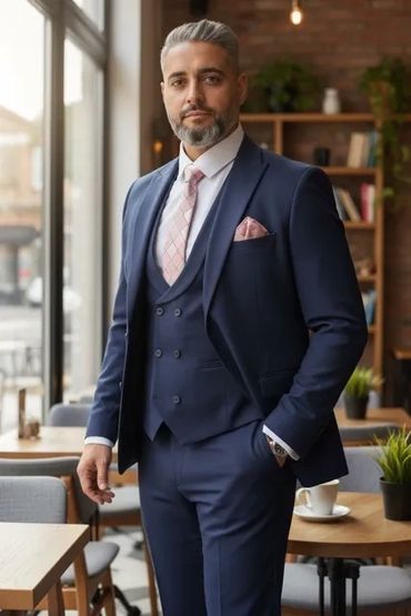 Confident man in a navy blue suit standing in a stylish cafe.