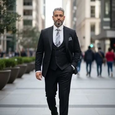 A confident man in a black suit walking in an urban street.