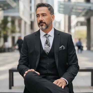 Confident man in a black suit sitting on a bench in an urban setting.