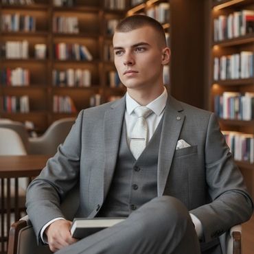 A serious young man in a grey suit sitting in a library.