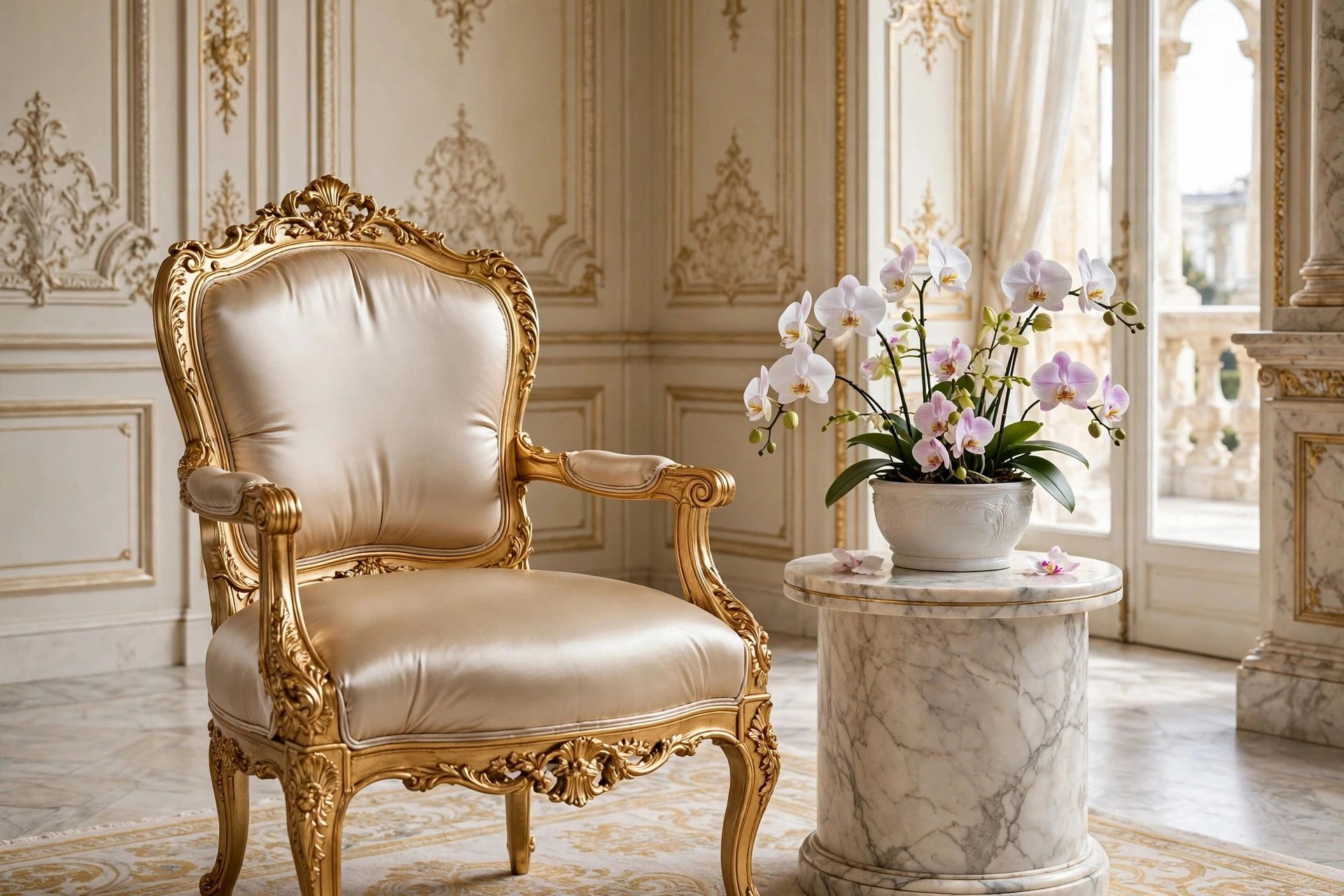 Luxurious golden chair and orchid on marble table in ornate room.