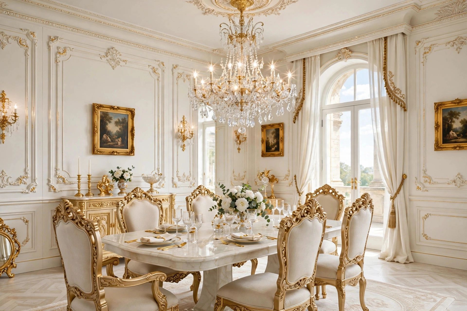 Elegant dining room with crystal chandelier and gold accents.