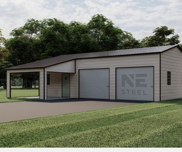 Steel garage with two roll-up doors and a lean-to extension, surrounded by greenery.
