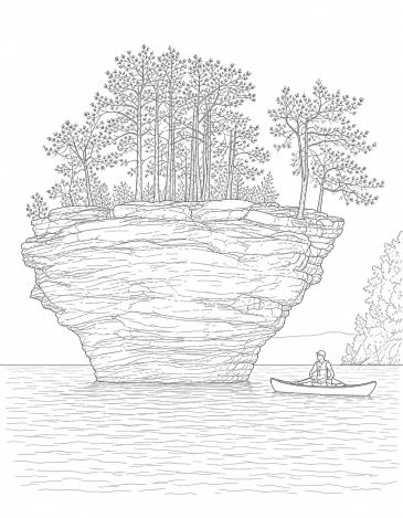 A person canoeing near a unique rock formation with trees.