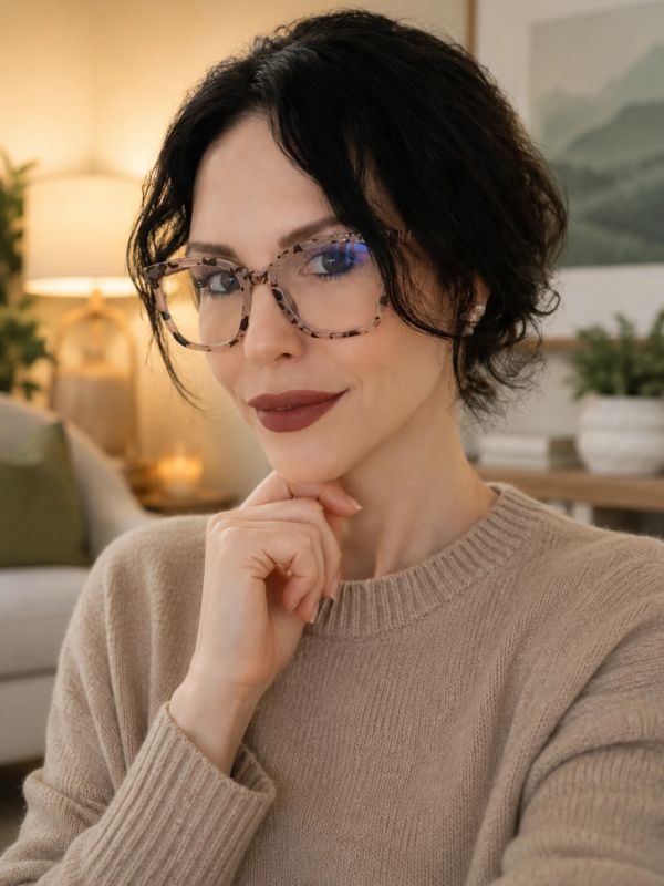 Woman wearing glasses and beige sweater.