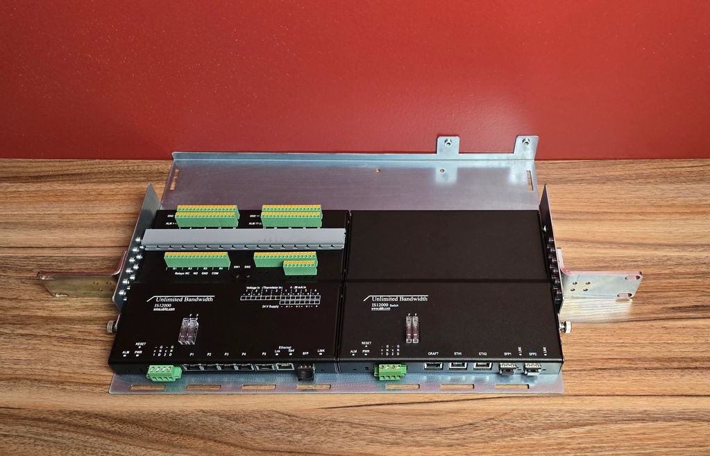 Unlimited Bandwidth LLC IS12000 Alarm System and IS12000 Ethernet Switch in a 1RU locking mount