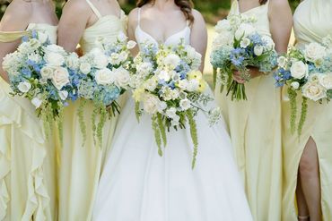 pale yellow, light blue, sage green and white wedding bridal bouquets