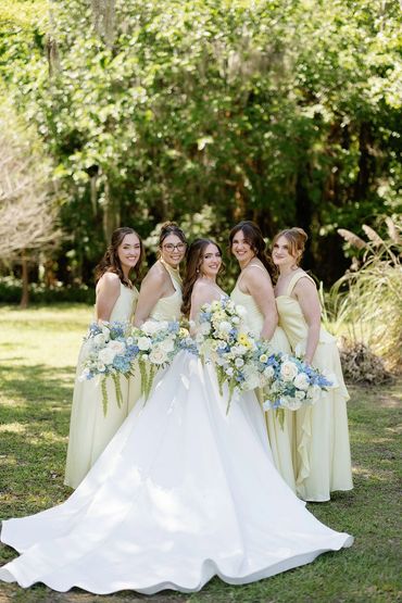 pale yellow, light blue, sage green and white wedding bridal bouquets