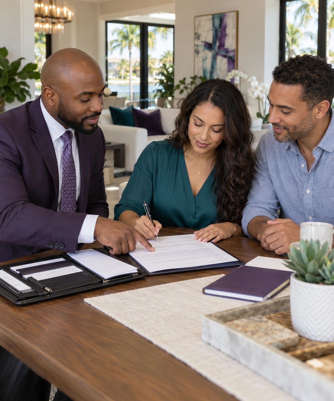 Professional loan signing agent guiding clients through mortgage documents at a signing appointment.