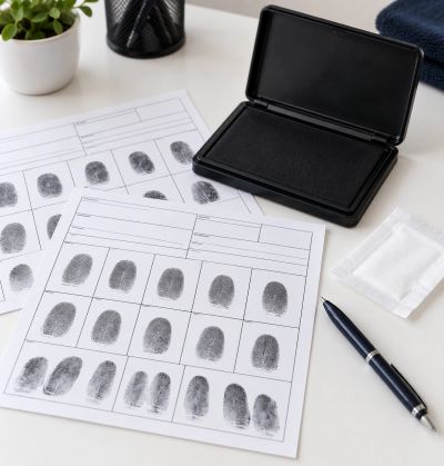 Traditional ink fingerprint cards and professional ink pad prepared for a fingerprinting appointment