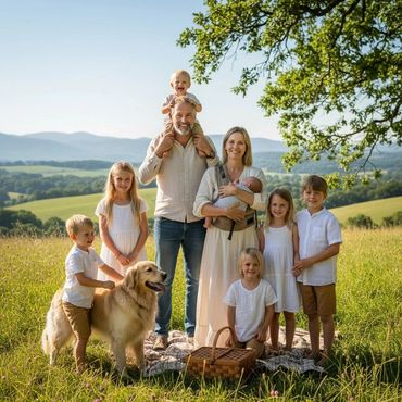 A happy family with children and a dog enjoying a sunny day in a scenic field.