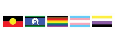 Five diverse flags representing Indigenous, cultural, and LGBTQ+ identities.