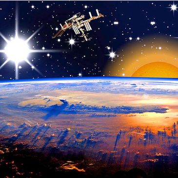 Photoshopped illustration of the International Space Station above the Earth. Includes modified NASA