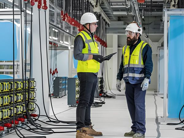 Two engineers in hard hats examining electrical equipment.