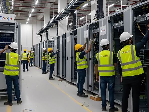 Technicians working on servers in a Google data center.