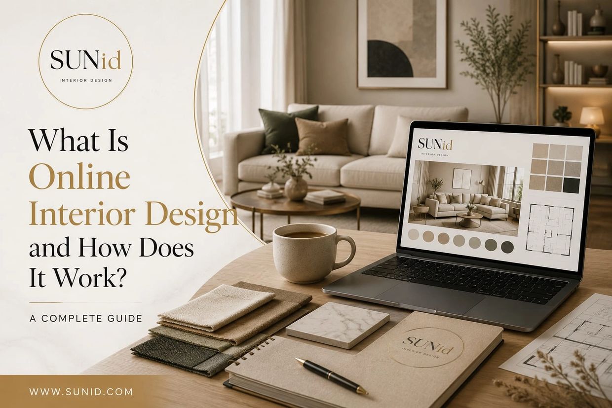 Workspace setup for online interior design guide with laptop, fabric samples, and coffee cup.