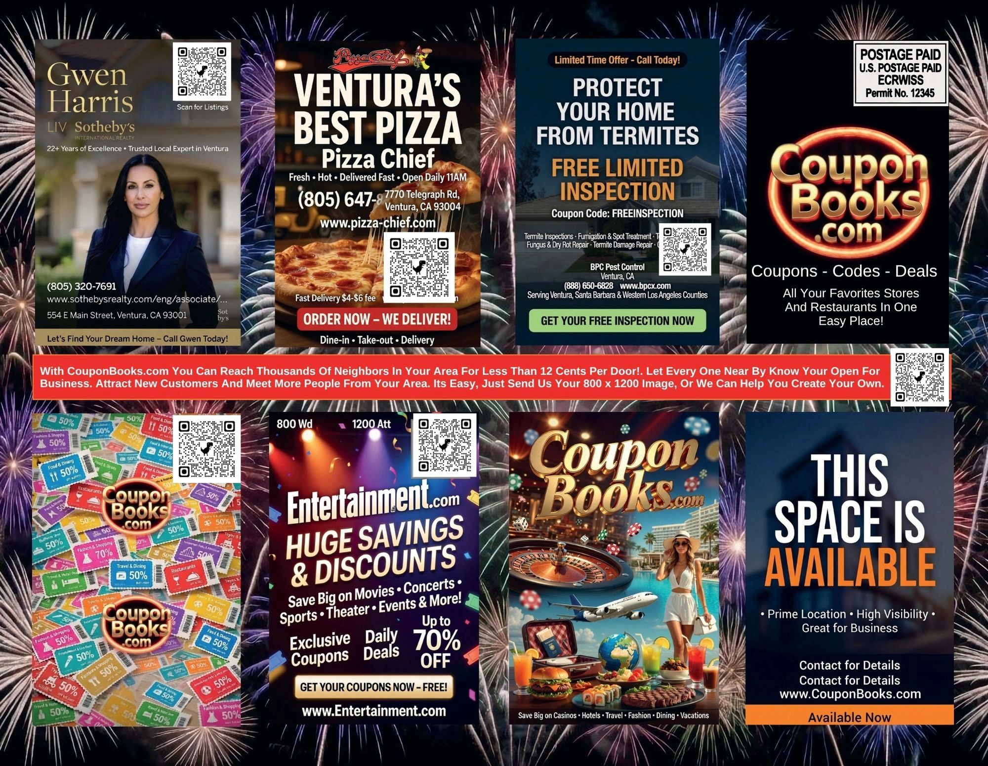 Collage of coupon and local business ads with vibrant colors and fireworks background.