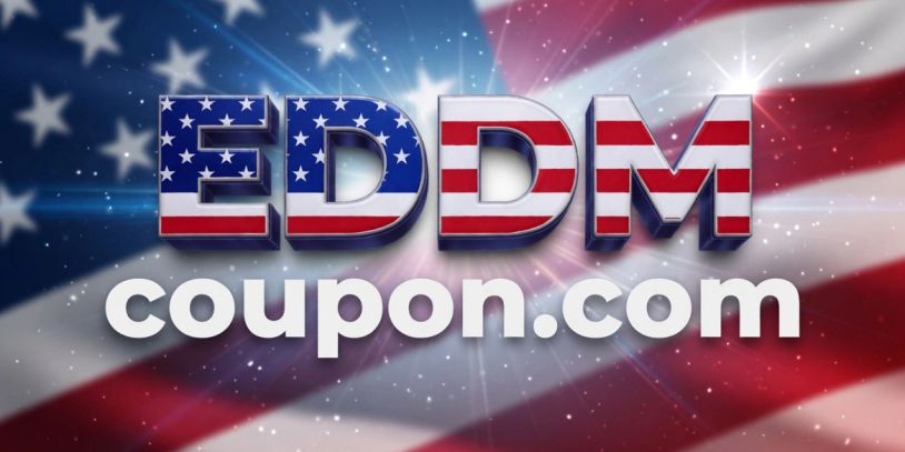 EDDMcoupon.com logo with American flag design and glowing background.